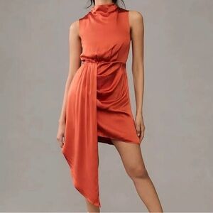 By Anthropologie Women’s Mock Neck Draped Baked Paprika Silk Mini Cocktail Dress